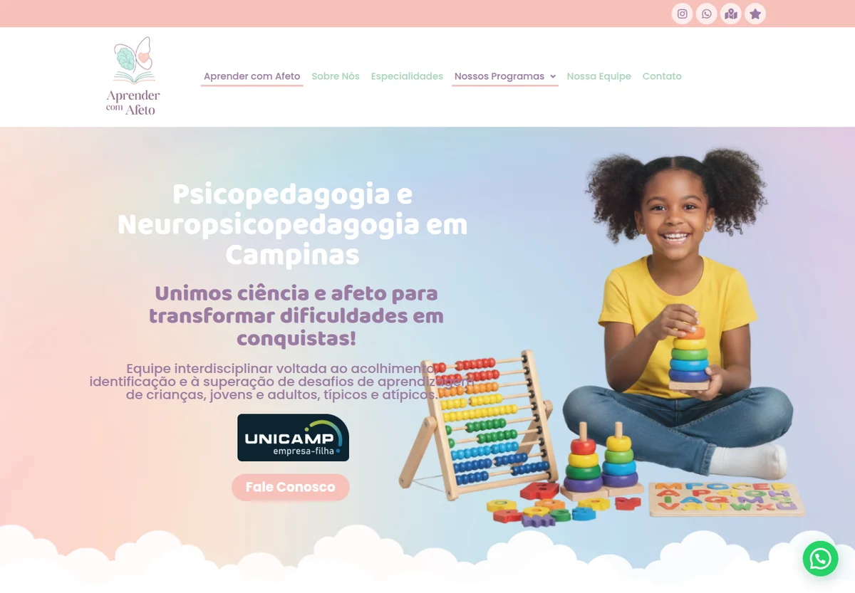 Captura real do site Aprender com Afeto, com apresentação da clínica e dos serviços de aprendizagem.