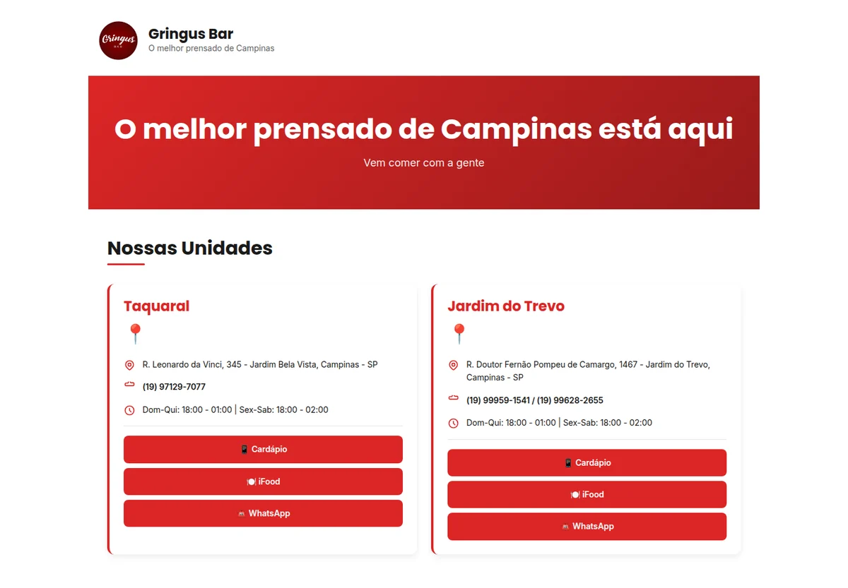 Captura real do mini site Gringus Bar, com marca, unidades e acessos comerciais.
