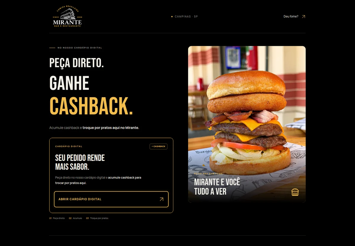 Captura real do mini site do Mirante, com destaque para cardápio digital e cashback.