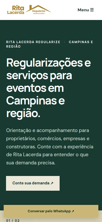 Versão mobile do site Rita Lacerda Regularize.